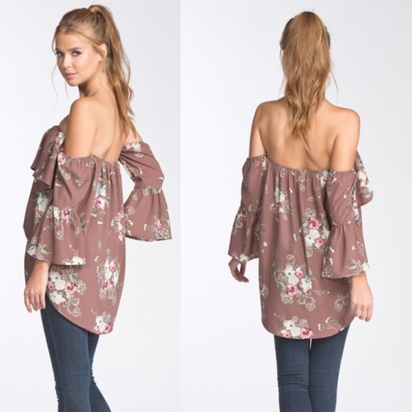 014 boho Mocha Floral Print Off Shoulder Blouse - Picture 3 of 3